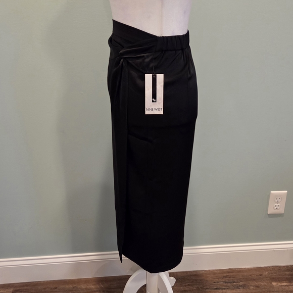 Nine West Black Faux Wrap Satin Finish Midi Skirt Size S NWT - Picture 4 of 16